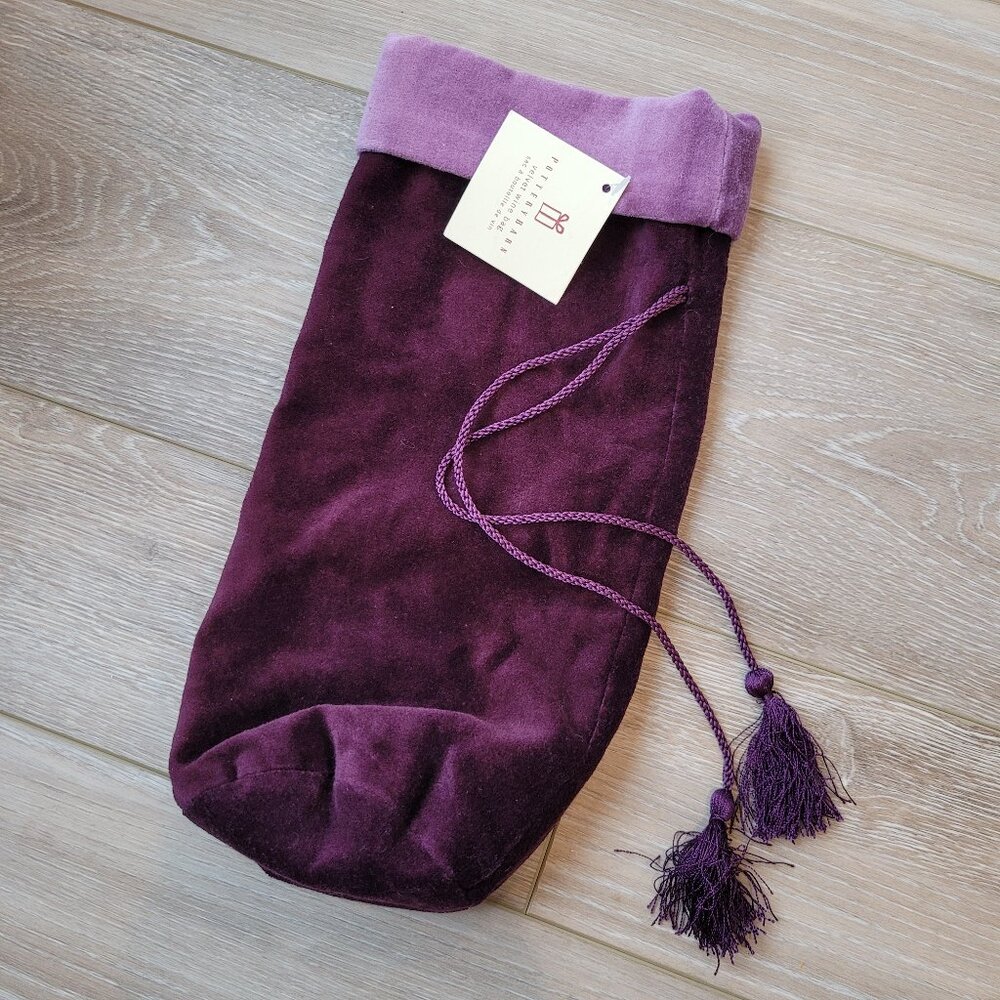 New Pottery Barn Purple Plum Velvet Wine bottle Bag 12"x7 Hostess’s Gift Vintage